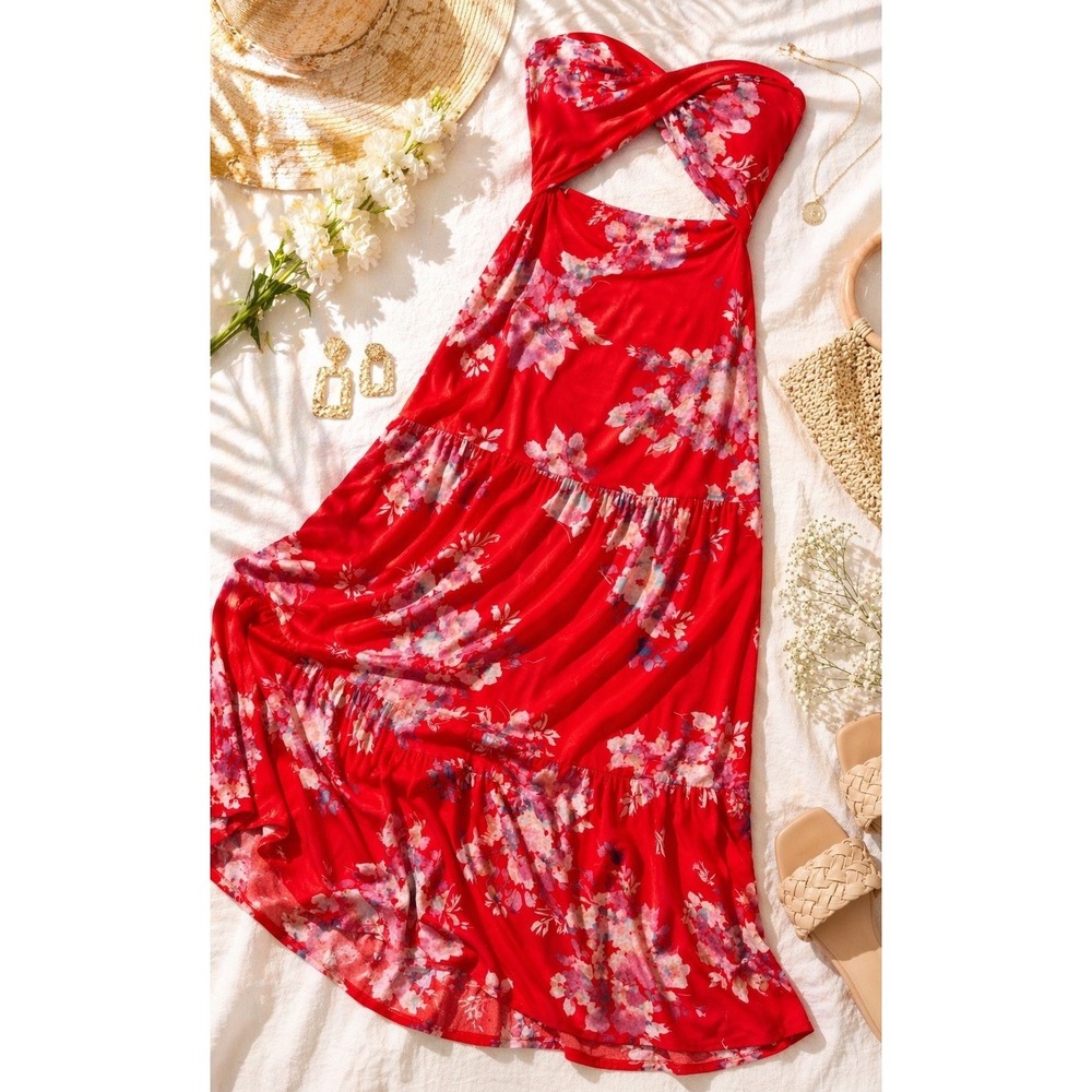 Hello Molly Floral Maxi Dress Cutout Strapless Boho Resort Chic Beach L NWT